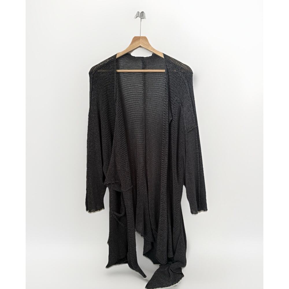 Boho Lagenlook Chain Mail Gray Knit Sweater Asymmetrical Artsy Cardigan L/XL